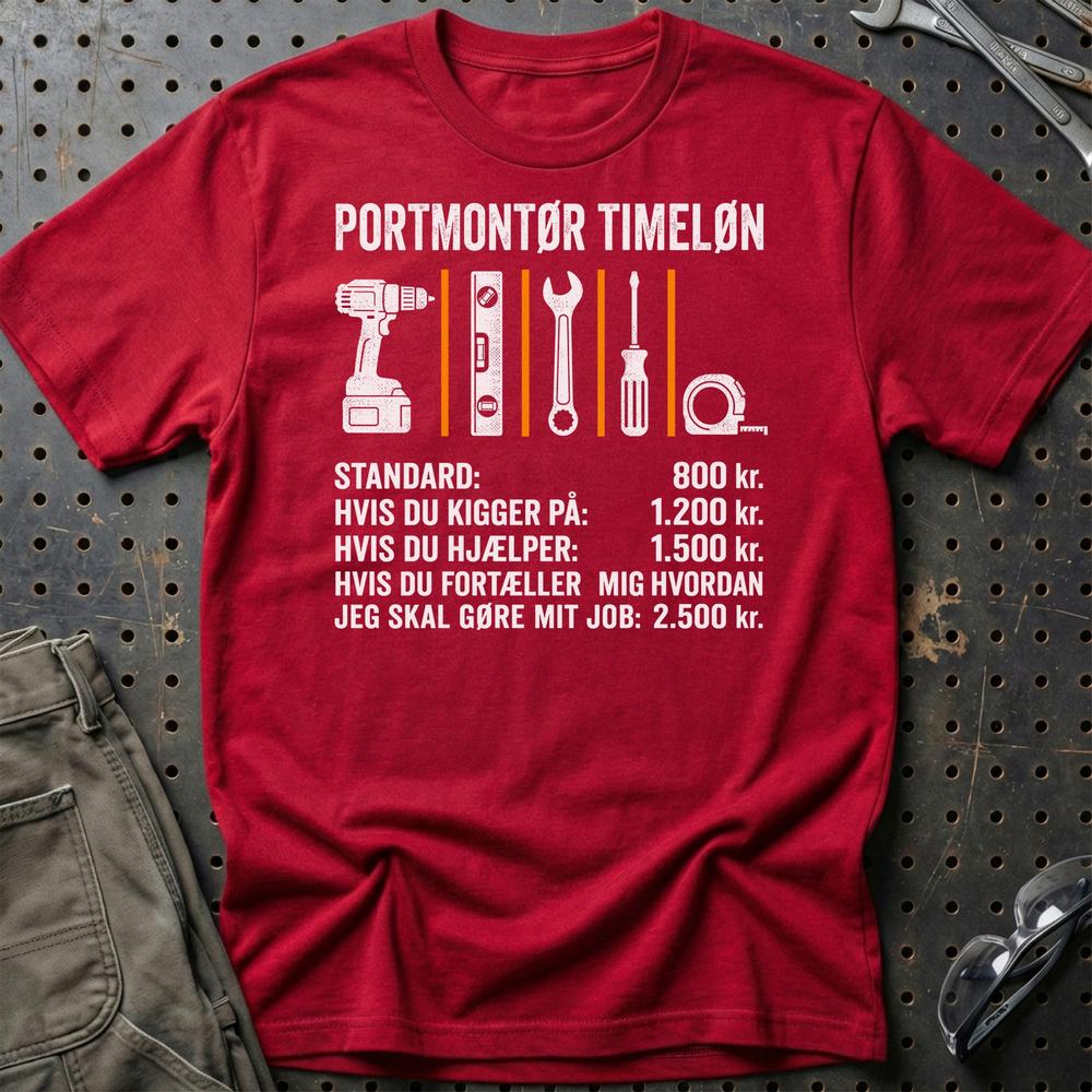 Portmontør Timeløn - Unisex T-Shirt , Bomuld-Beklædning-Garage Culture-Rød-S-Garage Culture Shop- garage - man cave - merchandise