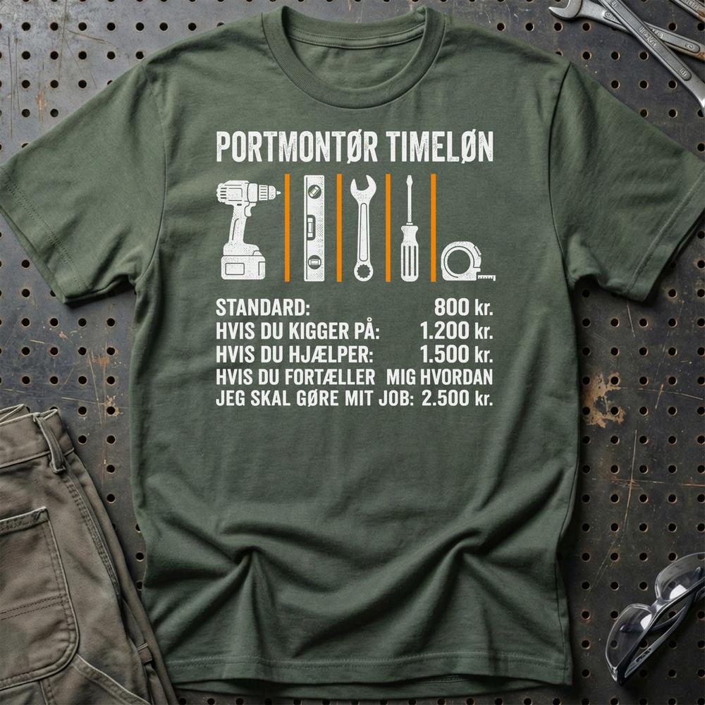 Portmontør Timeløn - Unisex T-Shirt , Bomuld-Beklædning-Garage Culture-Grøn Militær-S-Garage Culture Shop- garage - man cave - merchandise