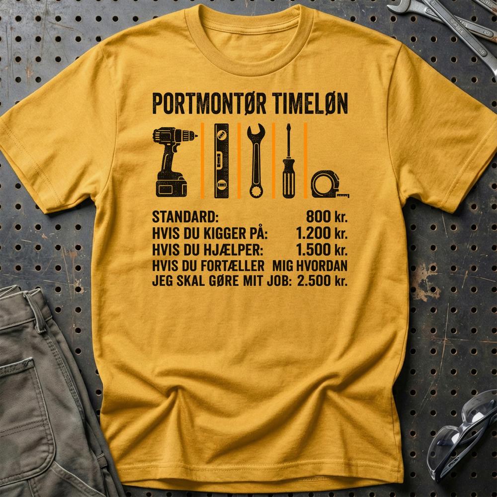 Portmontør Timeløn - Unisex T-Shirt , Bomuld-Beklædning-Garage Culture-Guld-S-Garage Culture Shop- garage - man cave - merchandise