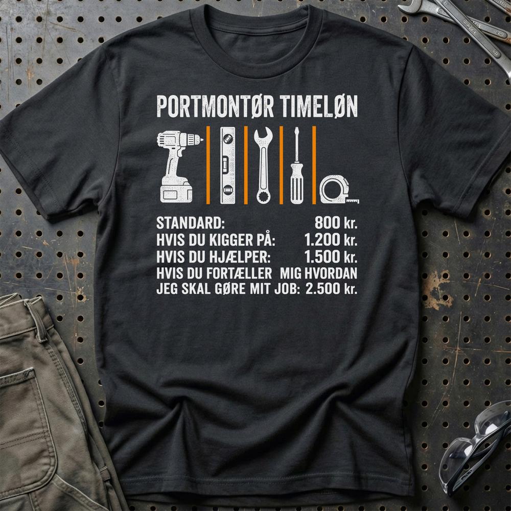 Portmontør Timeløn - Unisex T-Shirt , Bomuld-Beklædning-Garage Culture-Sort-S-Garage Culture Shop- garage - man cave - merchandise