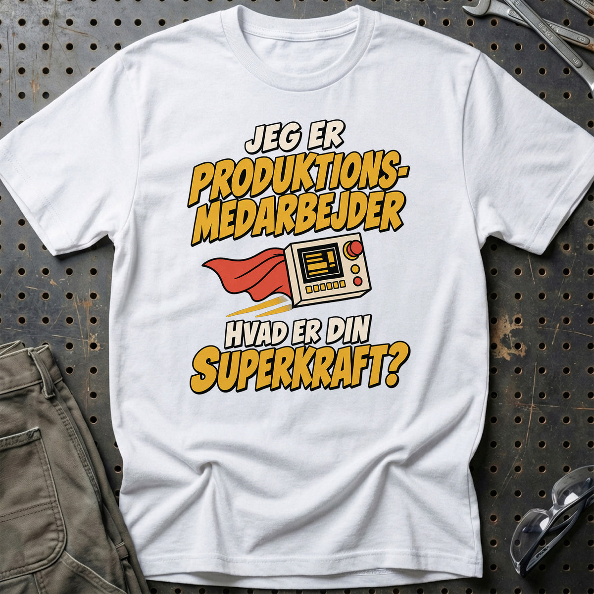 
Produktionsmedarbejder – Hvad er din superkraft? – Unisex T-Shirt – Hvid