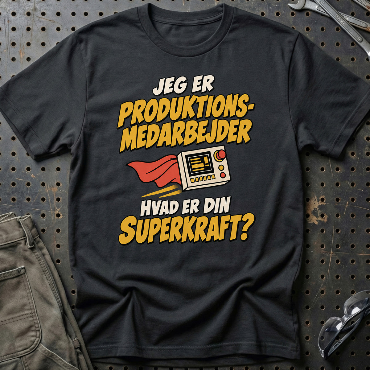 
Produktionsmedarbejder – Hvad er din superkraft? – Unisex T-Shirt – Sort