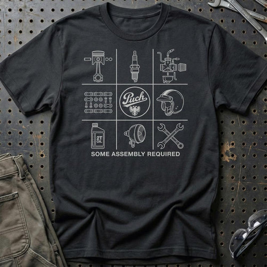 Puch Assembly Required - Unisex T-Shirt , Bomuld-Beklædning-Puch-Sort-S-Garage Culture Shop- garage - man cave - merchandise