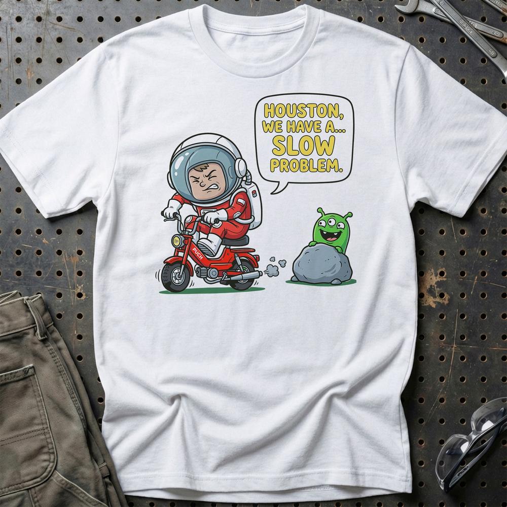 Puch Astronaut Houston We Have a Slow Problem T-Shirt-Beklædning-Puch-Hvid-S-Garage Culture Shop- garage - man cave - merchandise