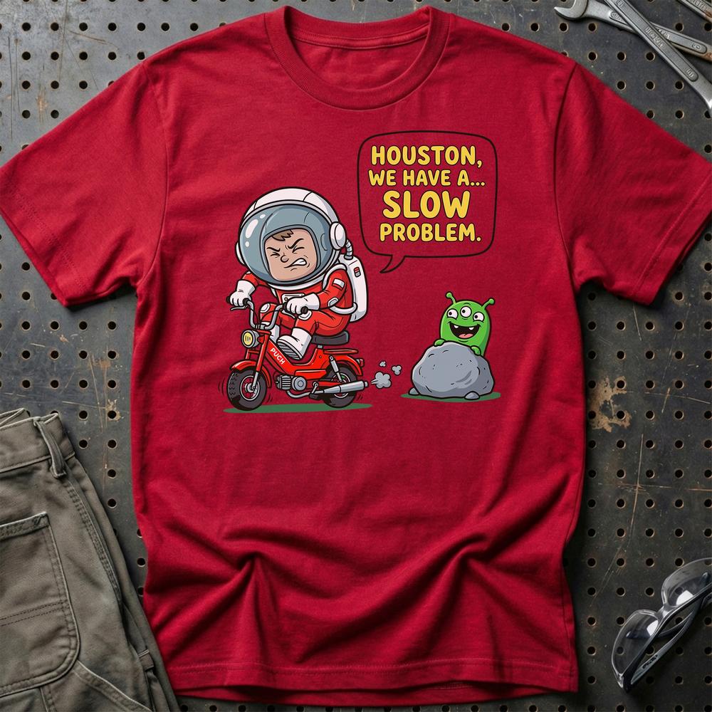 Puch Astronaut Houston We Have a Slow Problem T-Shirt-Beklædning-Puch-Rød-S-Garage Culture Shop- garage - man cave - merchandise
