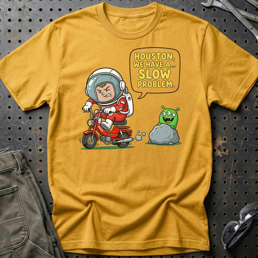 Puch Astronaut Houston We Have a Slow Problem T-Shirt-Beklædning-Puch-Guld-S-Garage Culture Shop- garage - man cave - merchandise