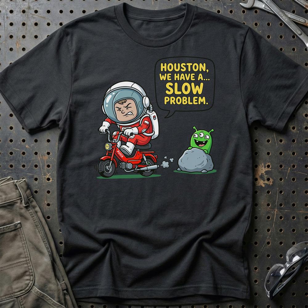Puch Astronaut Houston We Have a Slow Problem T-Shirt-Beklædning-Puch-Sort-S-Garage Culture Shop- garage - man cave - merchandise