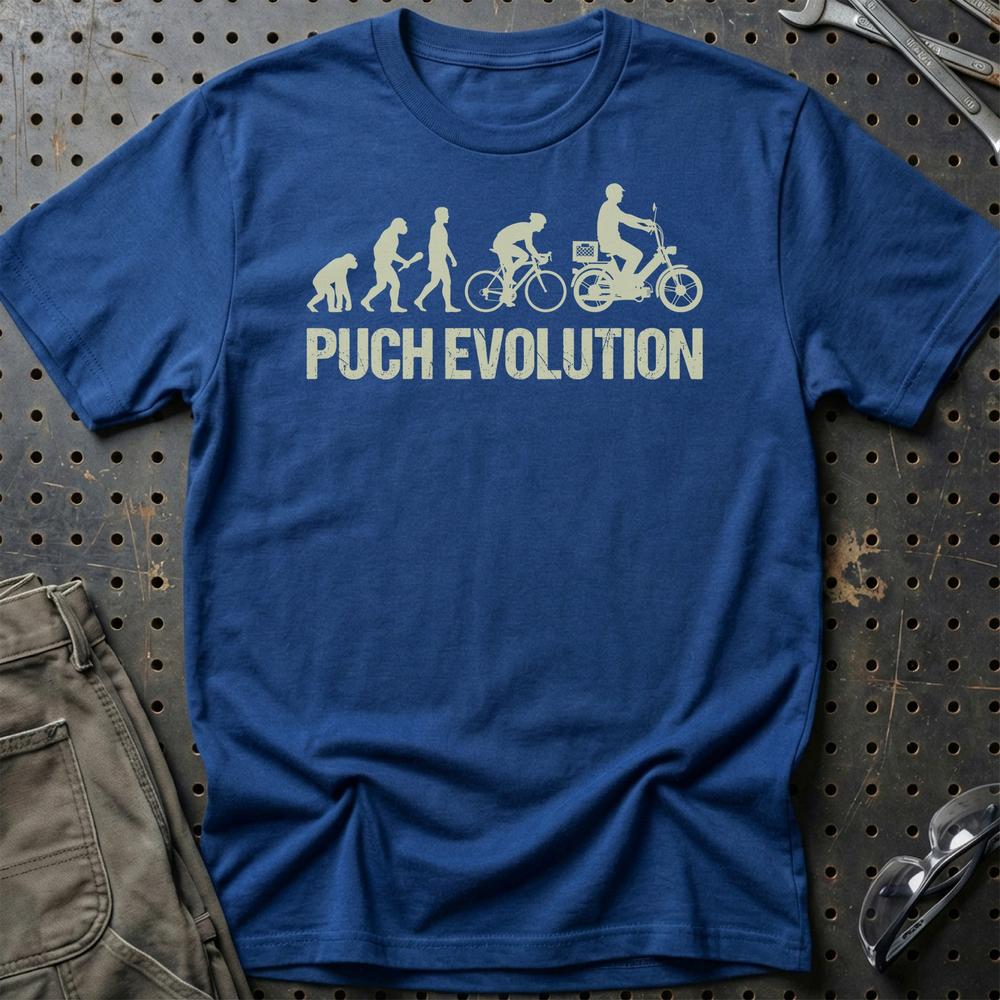 Puch Evolution - Unisex T-Shirt , Bomuld-Beklædning-Puch-Blå Royal-S-Garage Culture Shop- garage - man cave - merchandise