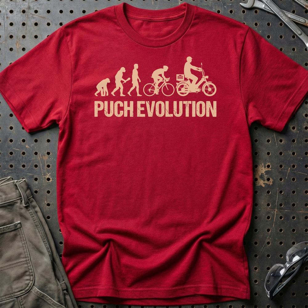 Puch Evolution - Unisex T-Shirt , Bomuld-Beklædning-Puch-Rød-S-Garage Culture Shop- garage - man cave - merchandise