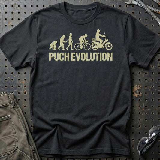 Puch Evolution - Unisex T-Shirt , Bomuld-Beklædning-Puch-Sort-S-Garage Culture Shop- garage - man cave - merchandise