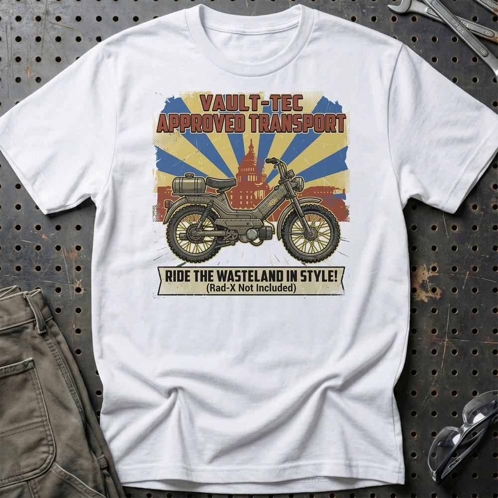 Puch Fallout Vault-Tec Approved Transport Wasteland Moped T-Shirt-Beklædning-Puch-Hvid-S-Garage Culture Shop- garage - man cave - merchandise