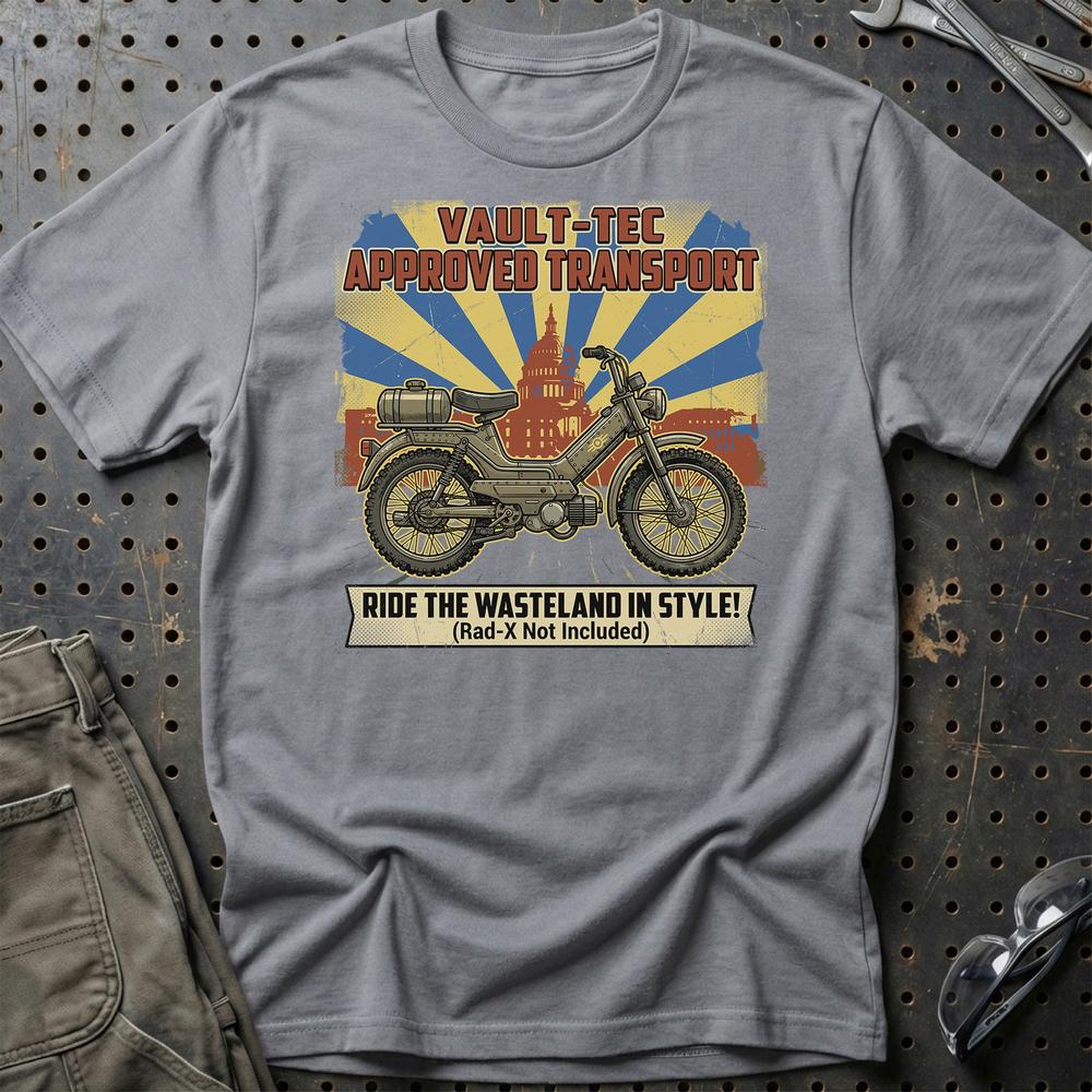 Puch Fallout Vault-Tec Approved Transport Wasteland Moped T-Shirt-Beklædning-Puch-Grå Sport-S-Garage Culture Shop- garage - man cave - merchandise
