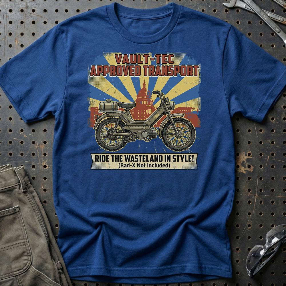 Puch Fallout Vault-Tec Approved Transport Wasteland Moped T-Shirt-Beklædning-Puch-Blå Royal-S-Garage Culture Shop- garage - man cave - merchandise