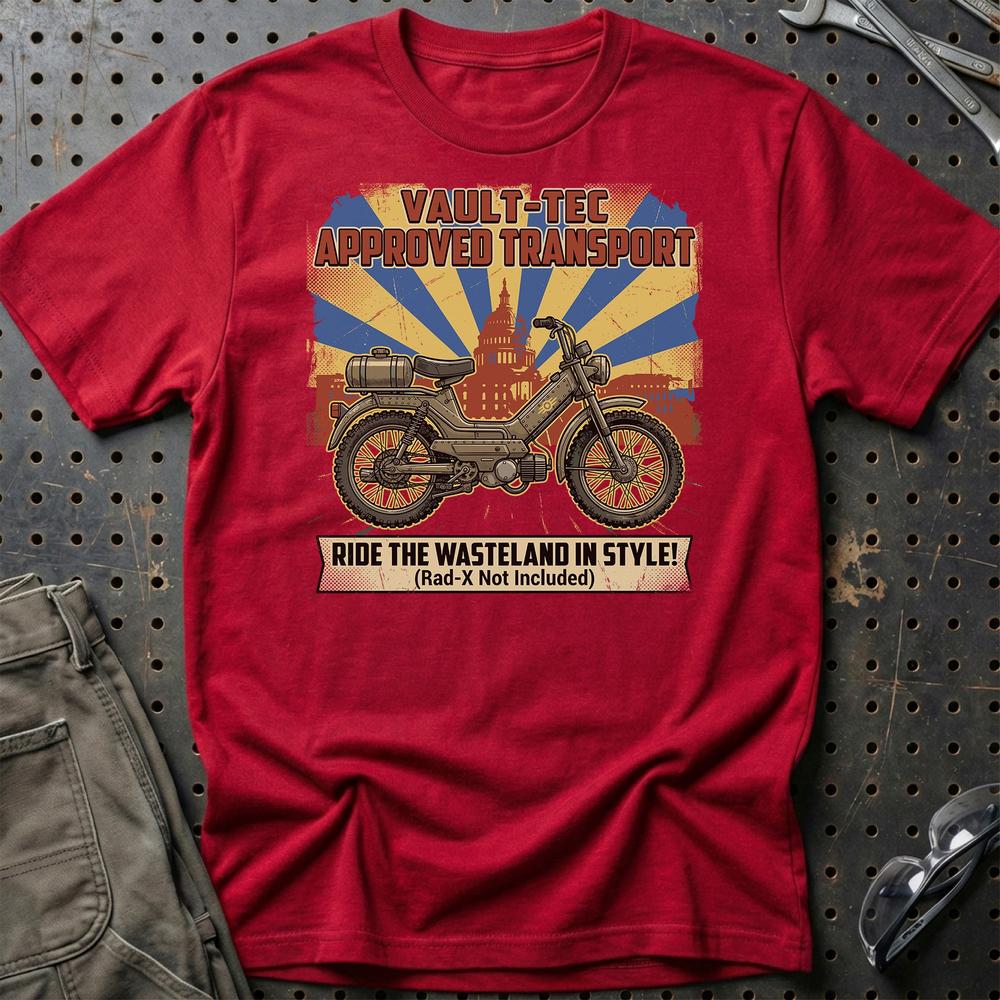 Puch Fallout Vault-Tec Approved Transport Wasteland Moped T-Shirt-Beklædning-Puch-Rød-S-Garage Culture Shop- garage - man cave - merchandise