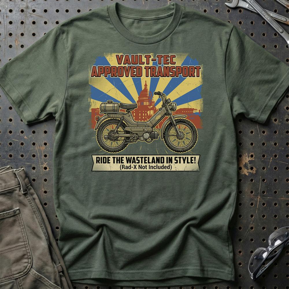 Puch Fallout Vault-Tec Approved Transport Wasteland Moped T-Shirt-Beklædning-Puch-Grøn Militær-S-Garage Culture Shop- garage - man cave - merchandise