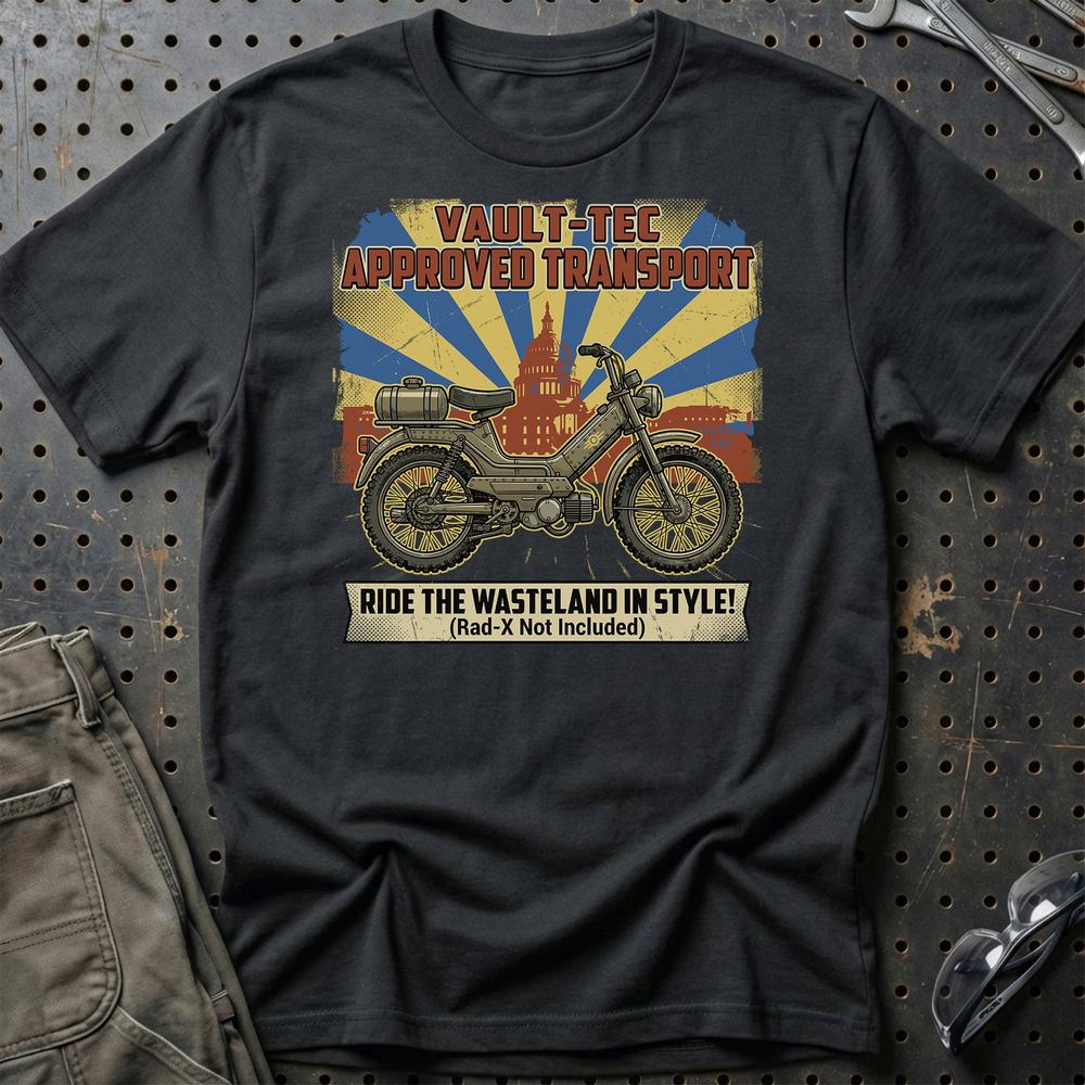 Puch Fallout Vault-Tec Approved Transport Wasteland Moped T-Shirt-Beklædning-Puch-Sort-S-Garage Culture Shop- garage - man cave - merchandise