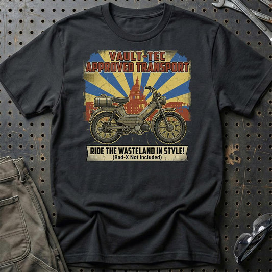 Puch Fallout Vault-Tec Approved Transport Wasteland Moped - Unisex T-Shirt , Bomuld-Beklædning-Puch-Sort-S-Garage Culture Shop- garage - man cave - merchandise
