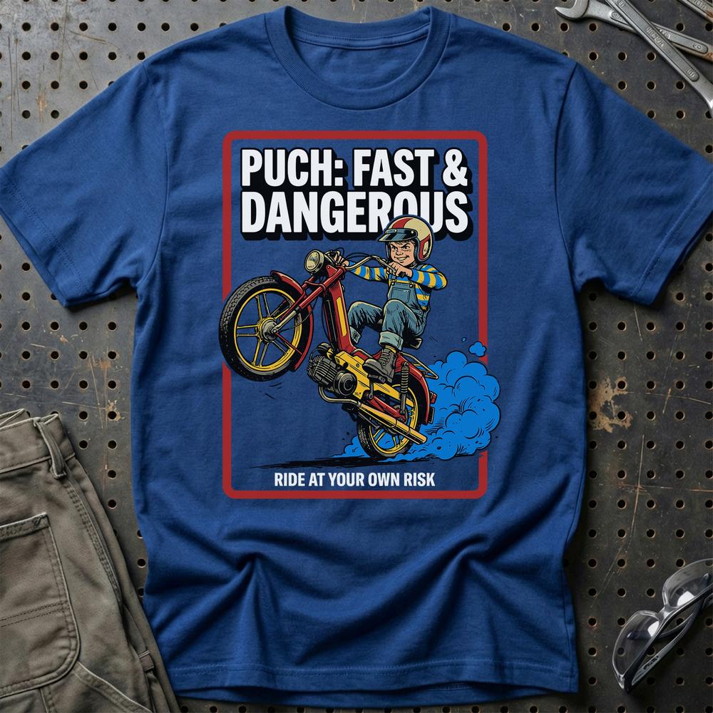 Puch Fast & Dangerous T-Shirt-Beklædning-Puch-Blå Royal-S-Garage Culture Shop- garage - man cave - merchandise