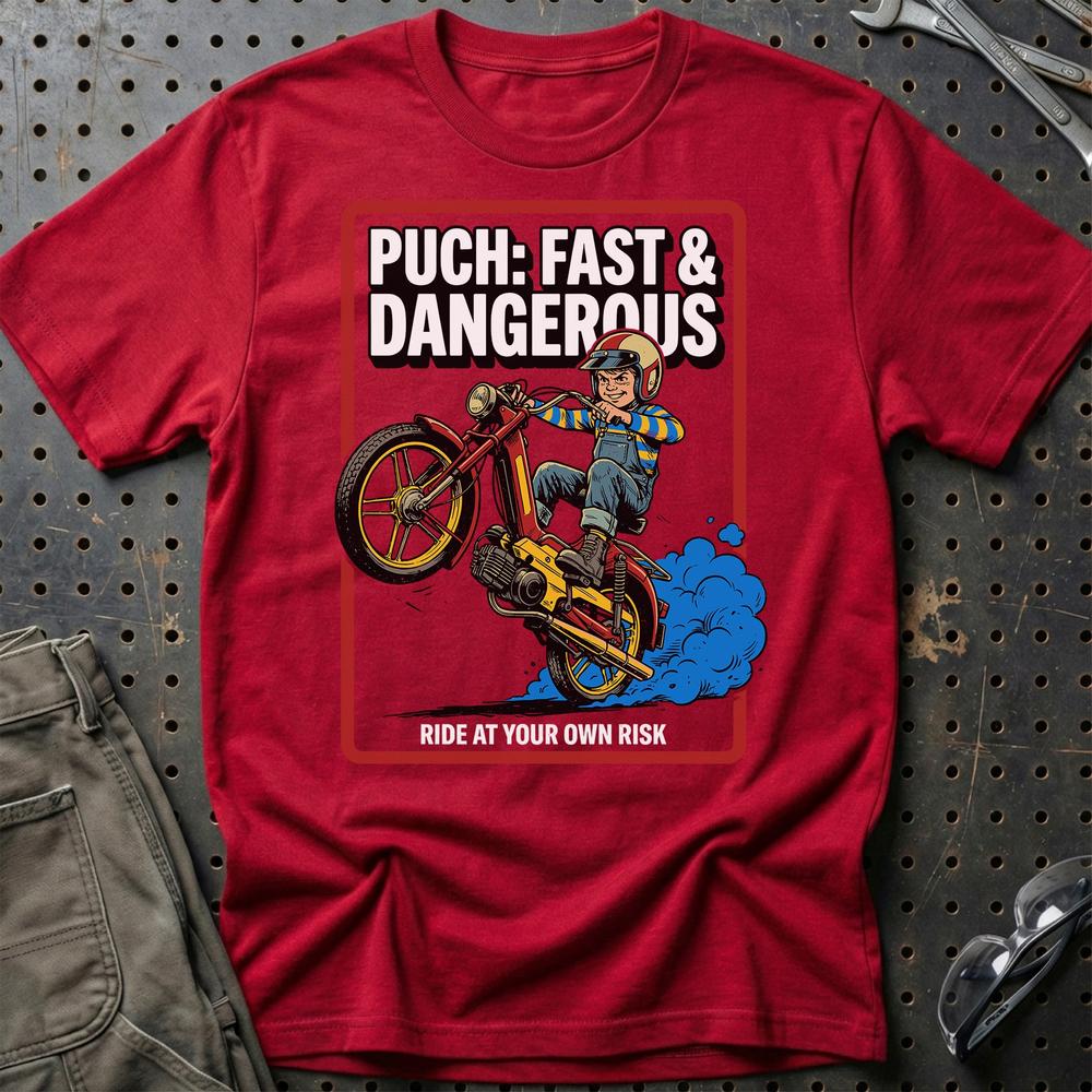 Puch Fast & Dangerous T-Shirt-Beklædning-Puch-Rød-S-Garage Culture Shop- garage - man cave - merchandise