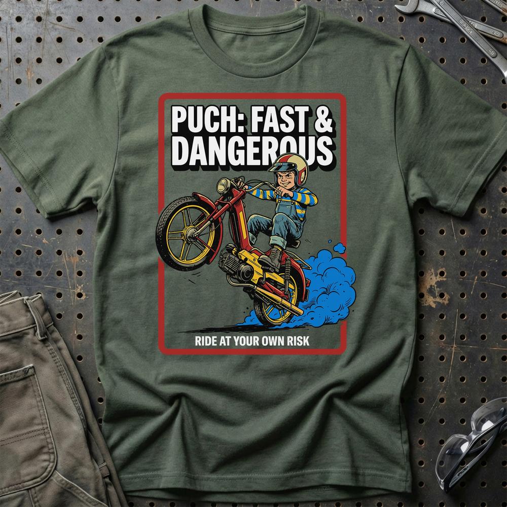 Puch Fast & Dangerous T-Shirt-Beklædning-Puch-Grøn Militær-S-Garage Culture Shop- garage - man cave - merchandise