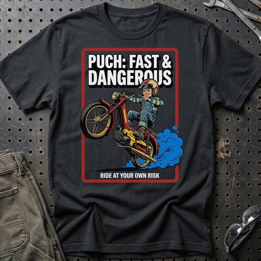 Puch Fast & Dangerous - Unisex T-Shirt , Bomuld-Beklædning-Puch-Sort-S-Garage Culture Shop- garage - man cave - merchandise