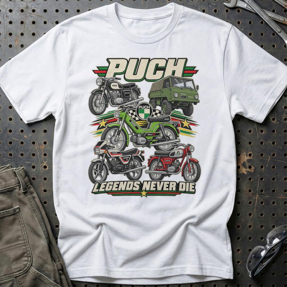 Puch Legends Never Die T-Shirt-Beklædning-Puch-Hvid-S-Garage Culture Shop- garage - man cave - merchandise