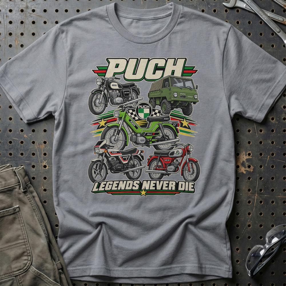 Puch Legends Never Die T-Shirt-Beklædning-Puch-Grå Sport-S-Garage Culture Shop- garage - man cave - merchandise