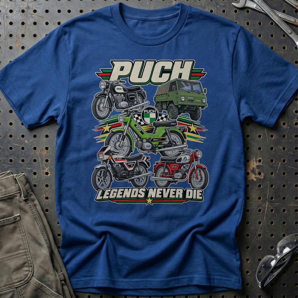 Puch Legends Never Die T-Shirt-Beklædning-Puch-Blå Royal-S-Garage Culture Shop- garage - man cave - merchandise