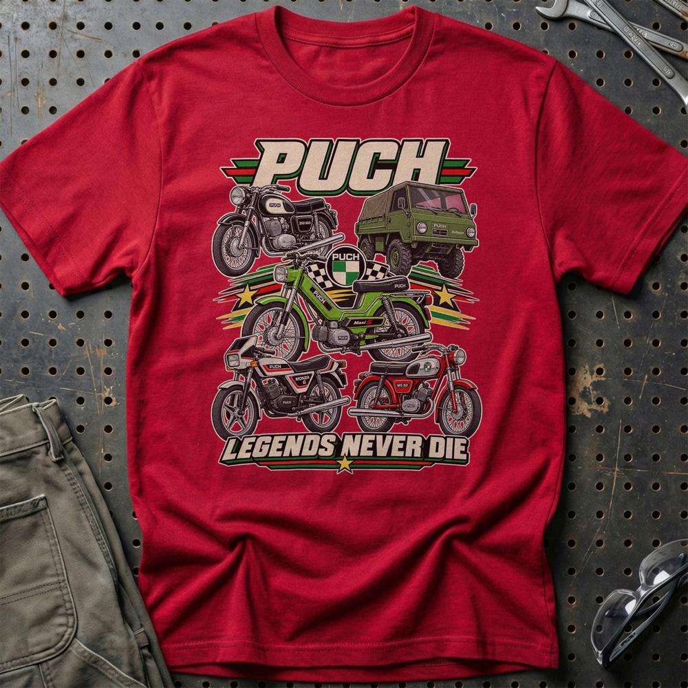 Puch Legends Never Die T-Shirt-Beklædning-Puch-Rød-S-Garage Culture Shop- garage - man cave - merchandise