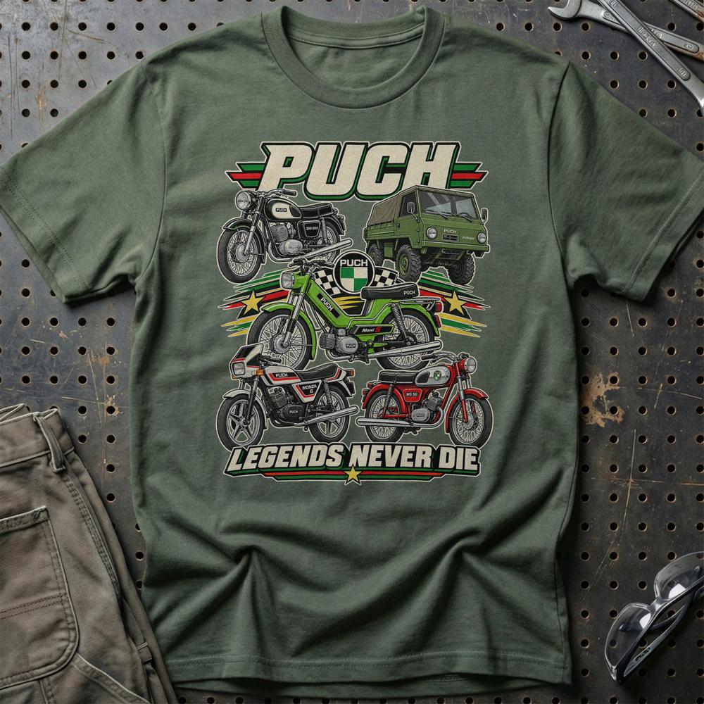 Puch Legends Never Die T-Shirt-Beklædning-Puch-Grøn Militær-S-Garage Culture Shop- garage - man cave - merchandise