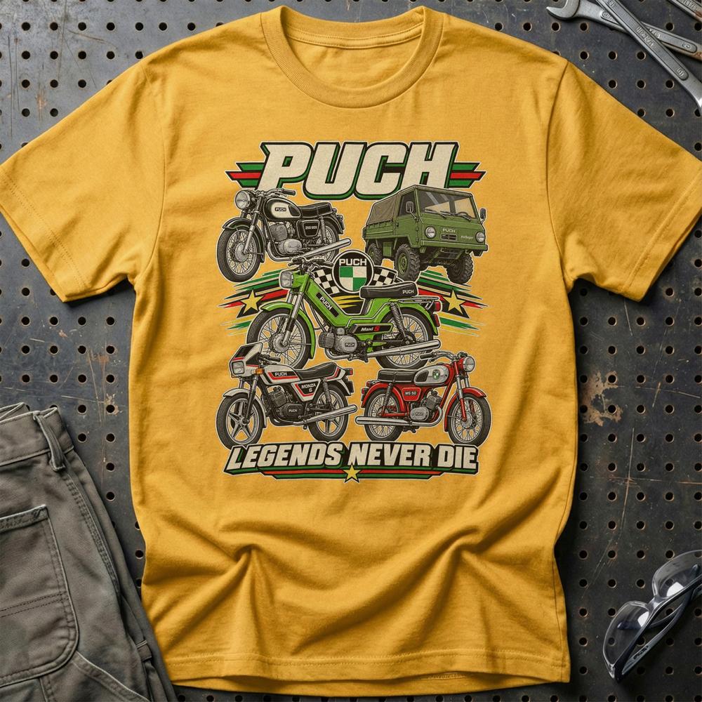 Puch Legends Never Die T-Shirt-Beklædning-Puch-Guld-S-Garage Culture Shop- garage - man cave - merchandise