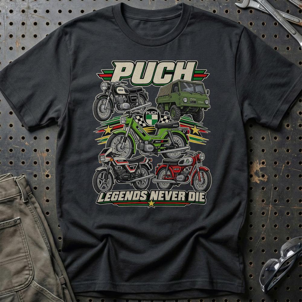 Puch Legends Never Die T-Shirt-Beklædning-Puch-Sort-S-Garage Culture Shop- garage - man cave - merchandise