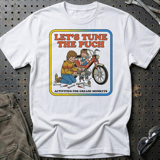 Puch Let’s Tune the Puch Funny Vintage Mechanic - Unisex T-Shirt , Bomuld-Beklædning-Puch-Hvid-S-Garage Culture Shop- garage - man cave - merchandise