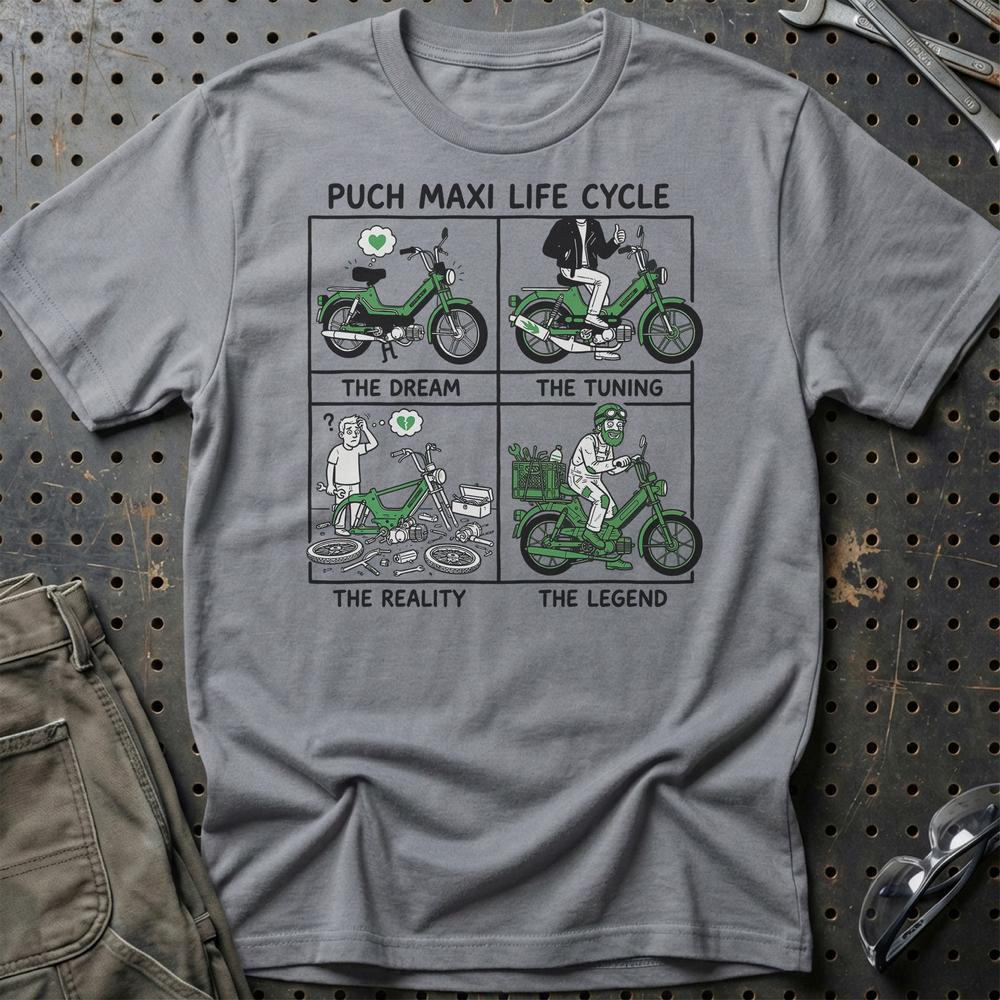 Puch Maxi Life Cycle - Unisex T-Shirt , Bomuld-Beklædning-Puch-Grå Sport-S-Garage Culture Shop- garage - man cave - merchandise