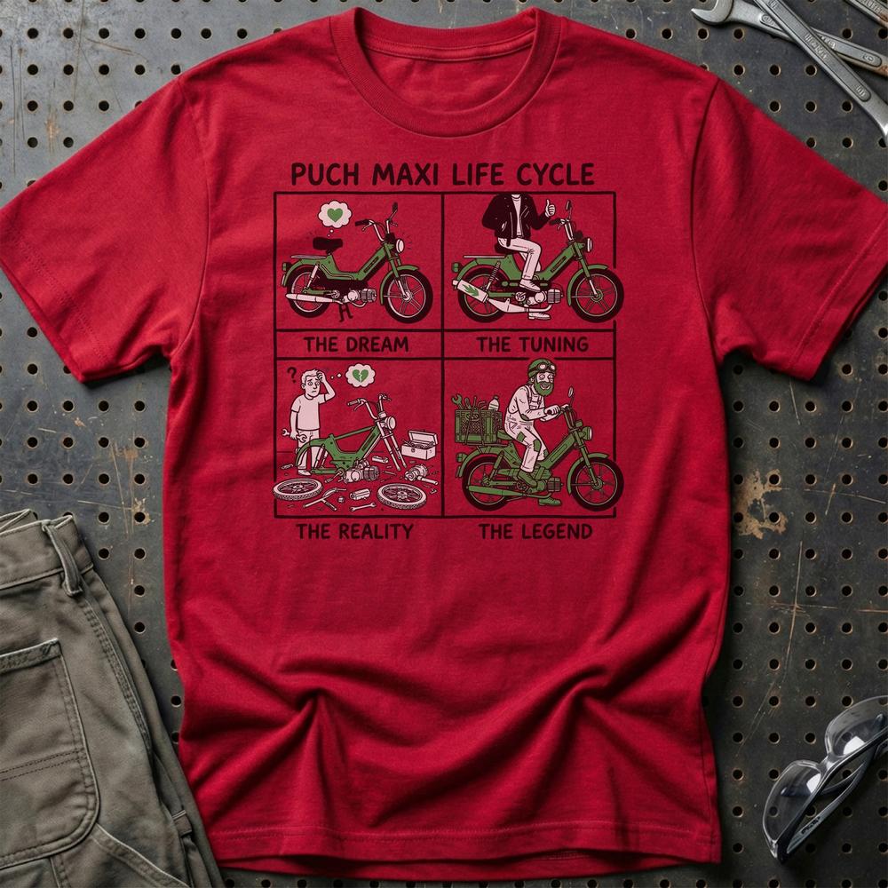 Puch Maxi Life Cycle - Unisex T-Shirt , Bomuld-Beklædning-Puch-Rød-S-Garage Culture Shop- garage - man cave - merchandise