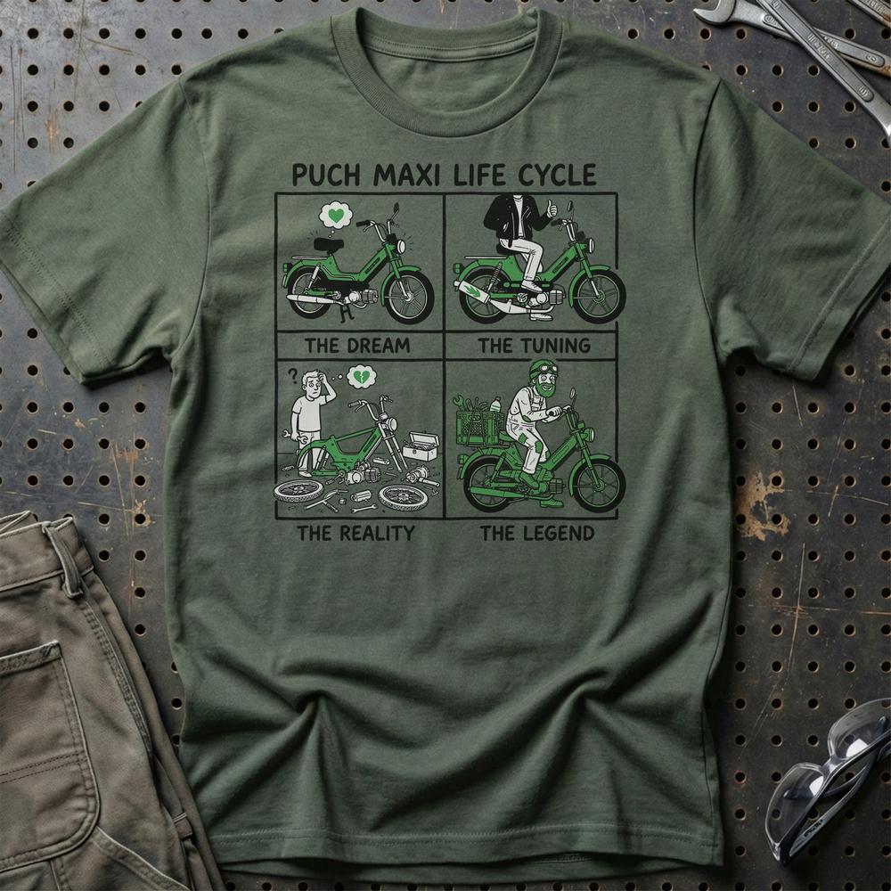 Puch Maxi Life Cycle - Unisex T-Shirt , Bomuld-Beklædning-Puch-Grøn Militær-S-Garage Culture Shop- garage - man cave - merchandise
