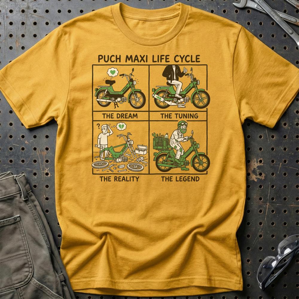 Puch Maxi Life Cycle - Unisex T-Shirt , Bomuld-Beklædning-Puch-Guld-S-Garage Culture Shop- garage - man cave - merchandise