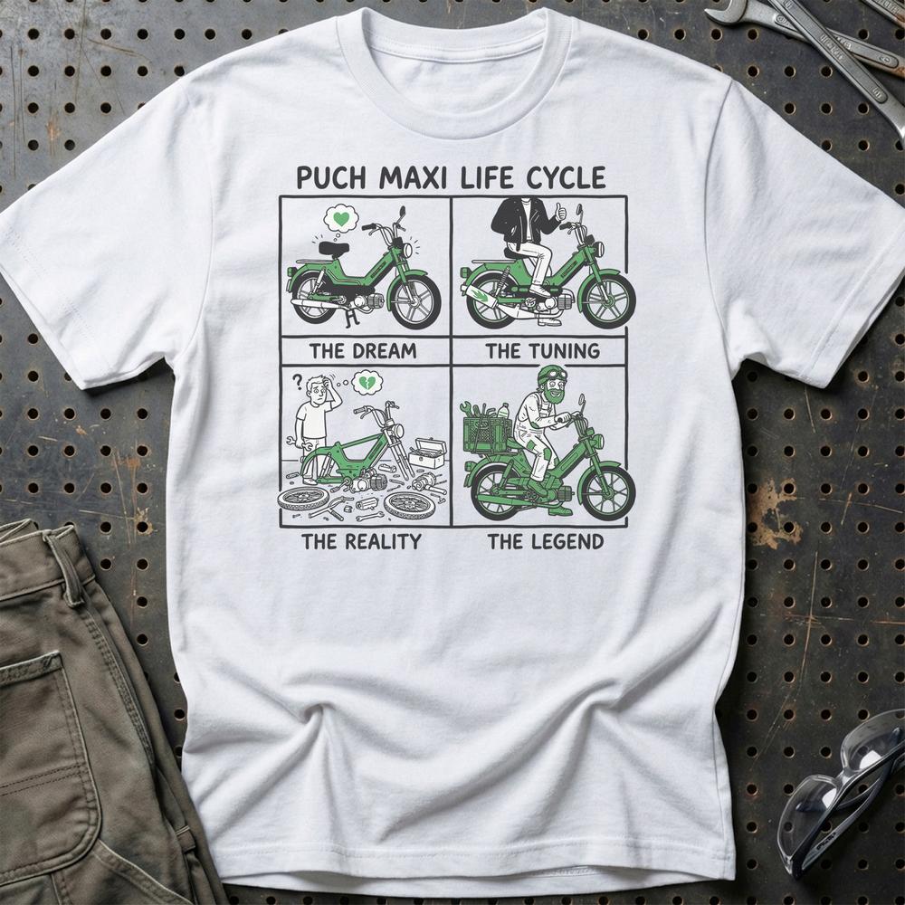 Puch Maxi Life Cycle - Unisex T-Shirt , Bomuld-Beklædning-Puch-Hvid-S-Garage Culture Shop- garage - man cave - merchandise