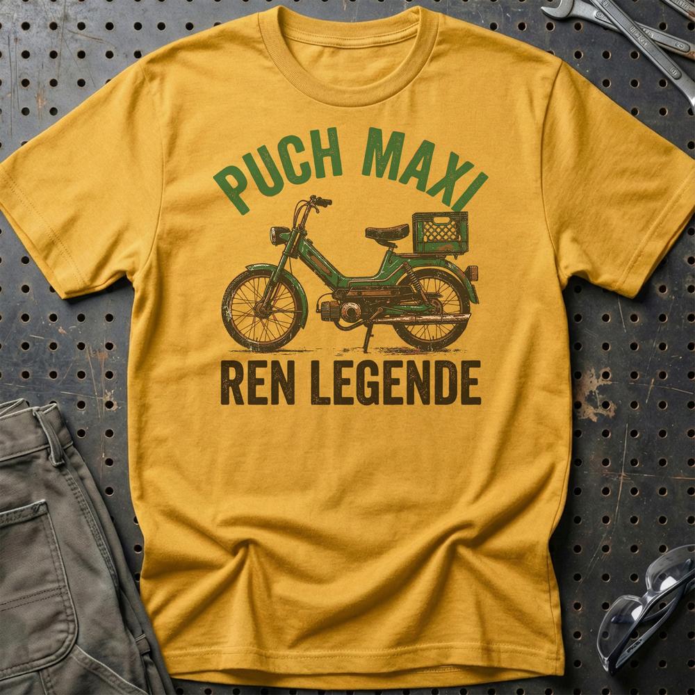 Puch Maxi Ren Legende - Unisex T-Shirt , Bomuld-Beklædning-Puch-Guld-S-Garage Culture Shop- garage - man cave - merchandise