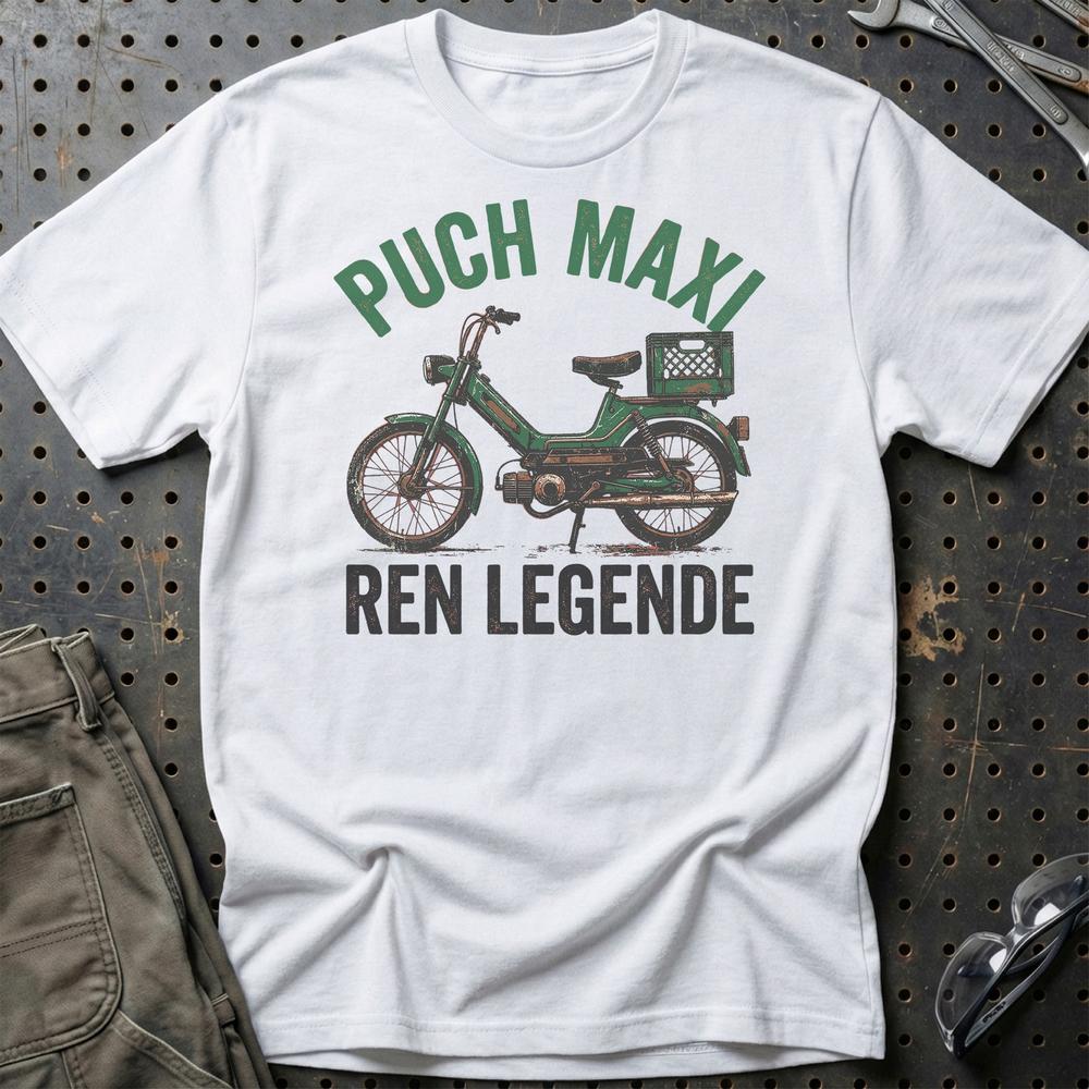 Puch Maxi Ren Legende - Unisex T-Shirt , Bomuld-Beklædning-Puch-Hvid-S-Garage Culture Shop- garage - man cave - merchandise