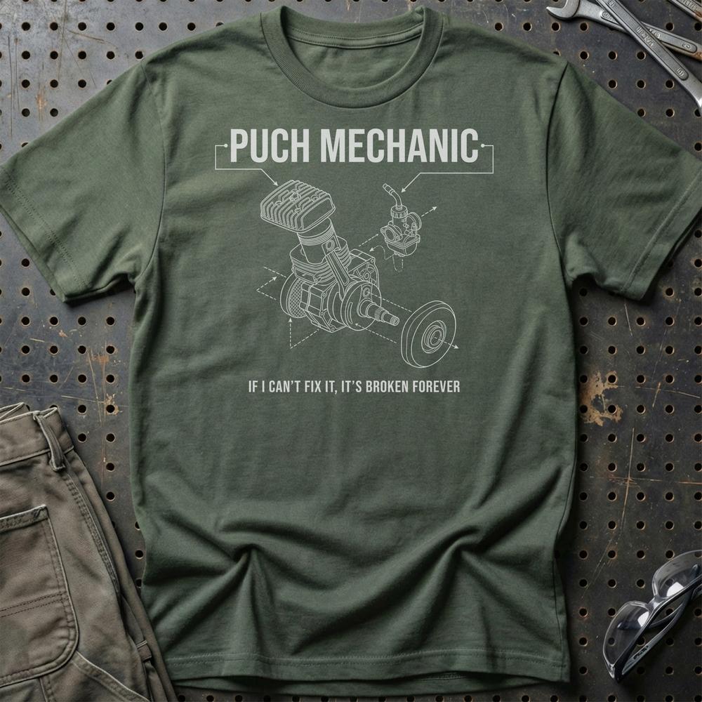 Puch Mechanic T-Shirt-Beklædning-Puch-Grøn Militær-S-Garage Culture Shop- garage - man cave - merchandise
