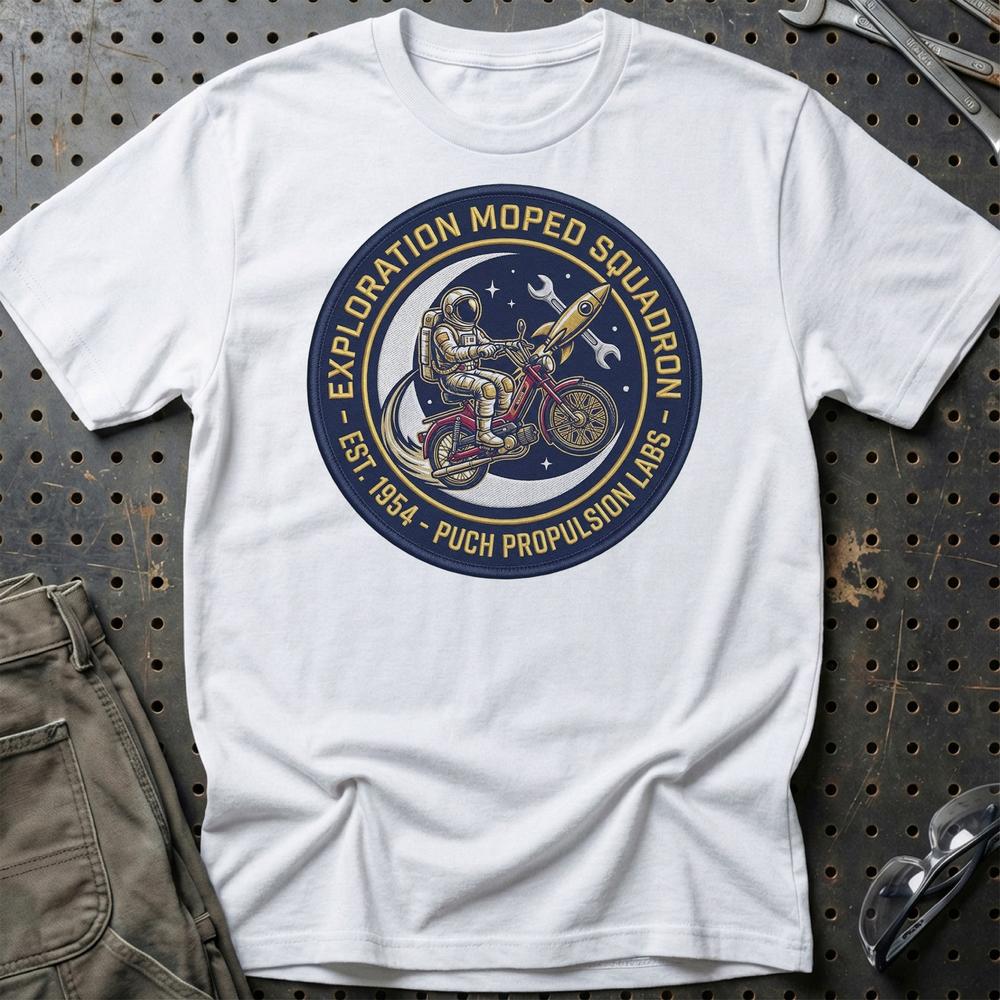 Puch Nasa Exploration Moped Squadron Astronaut T-Shirt-Beklædning-Puch-Hvid-S-Garage Culture Shop- garage - man cave - merchandise