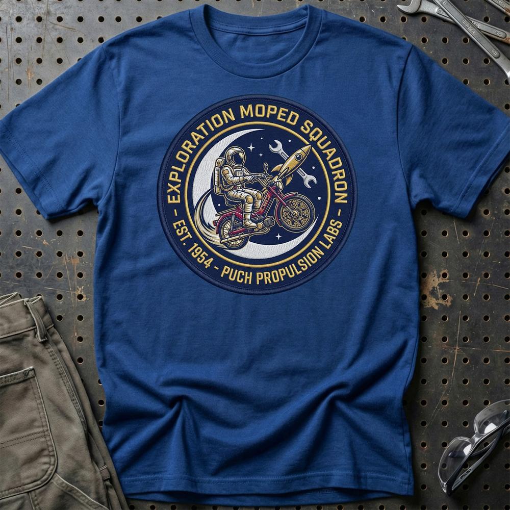 Puch Nasa Exploration Moped Squadron Astronaut T-Shirt-Beklædning-Puch-Blå Royal-S-Garage Culture Shop- garage - man cave - merchandise