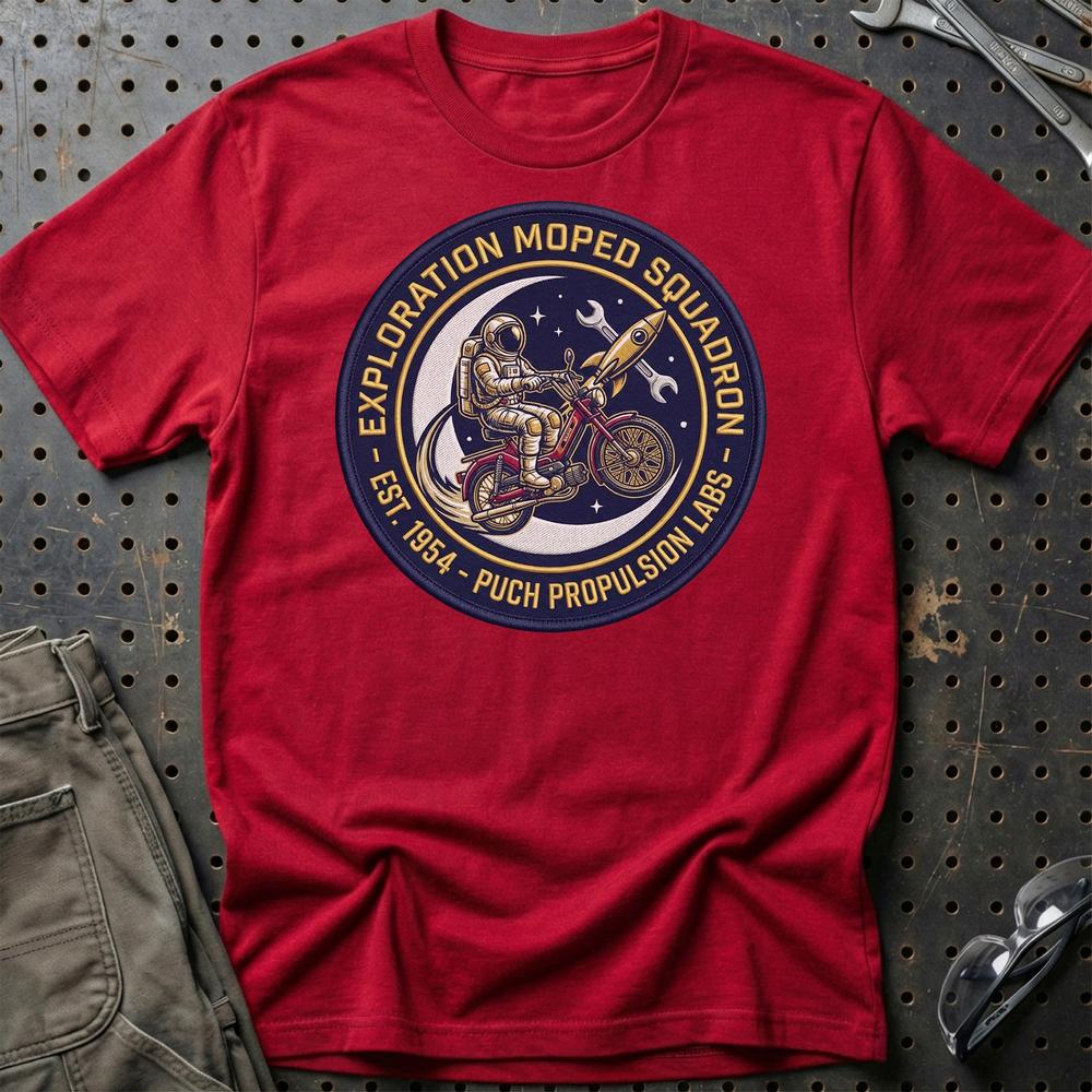 Puch Nasa Exploration Moped Squadron Astronaut T-Shirt-Beklædning-Puch-Rød-S-Garage Culture Shop- garage - man cave - merchandise