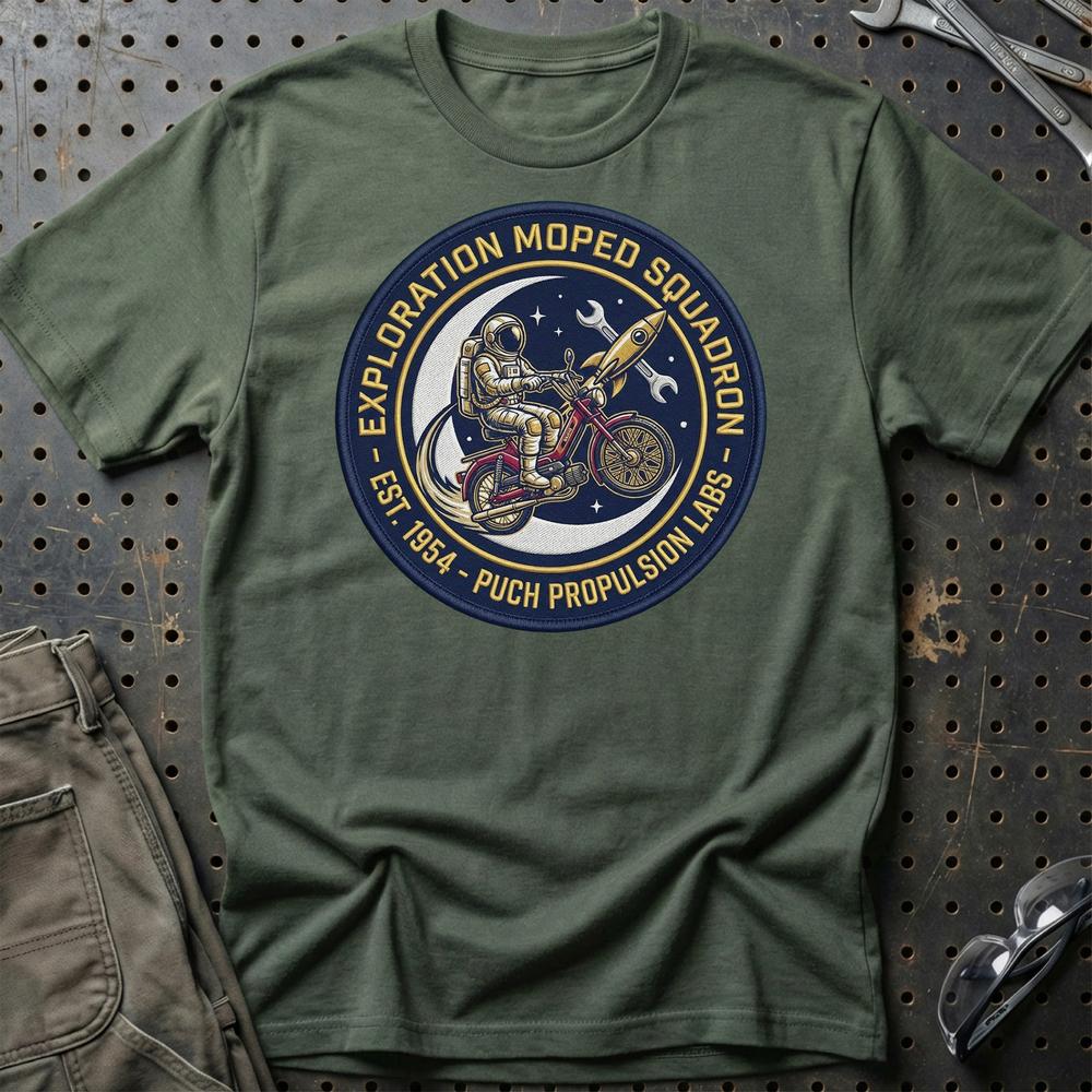 Puch Nasa Exploration Moped Squadron Astronaut T-Shirt-Beklædning-Puch-Grøn Militær-S-Garage Culture Shop- garage - man cave - merchandise