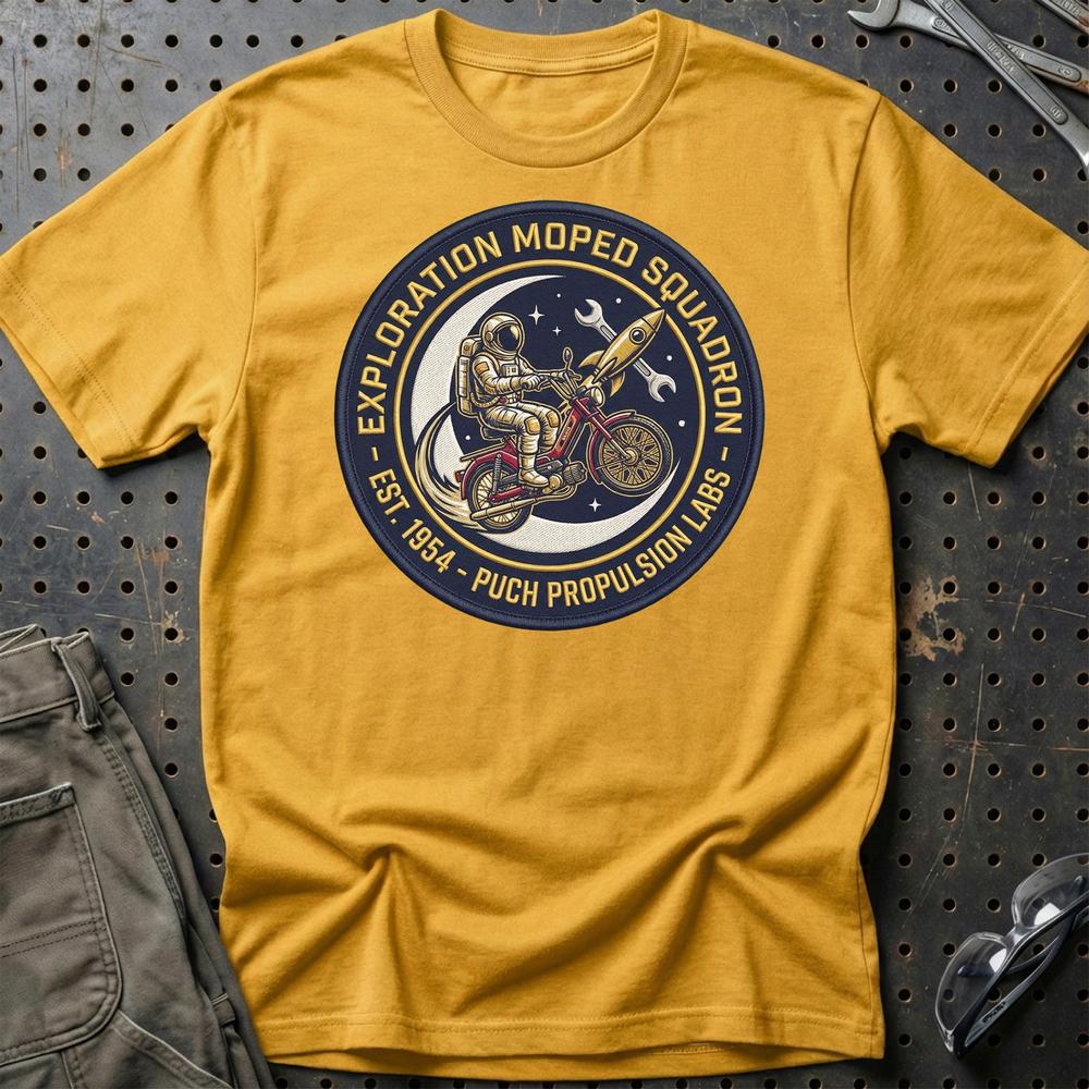Puch Nasa Exploration Moped Squadron Astronaut T-Shirt-Beklædning-Puch-Guld-S-Garage Culture Shop- garage - man cave - merchandise