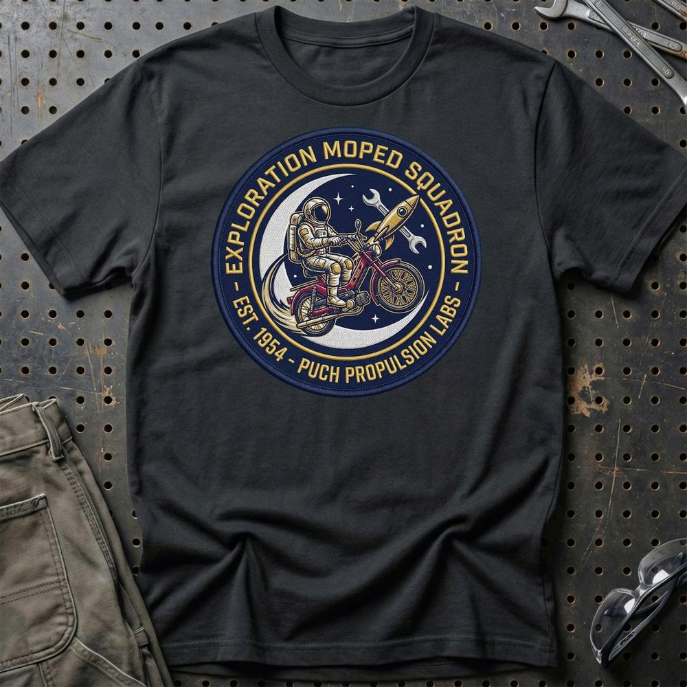 Puch Nasa Exploration Moped Squadron Astronaut T-Shirt-Beklædning-Puch-Sort-S-Garage Culture Shop- garage - man cave - merchandise