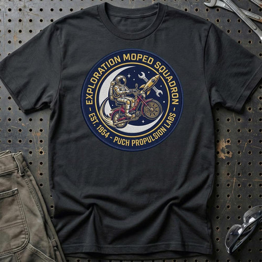 Puch Nasa Exploration Moped Squadron Astronaut - Unisex T-Shirt , Bomuld-Beklædning-Puch-Sort-S-Garage Culture Shop- garage - man cave - merchandise