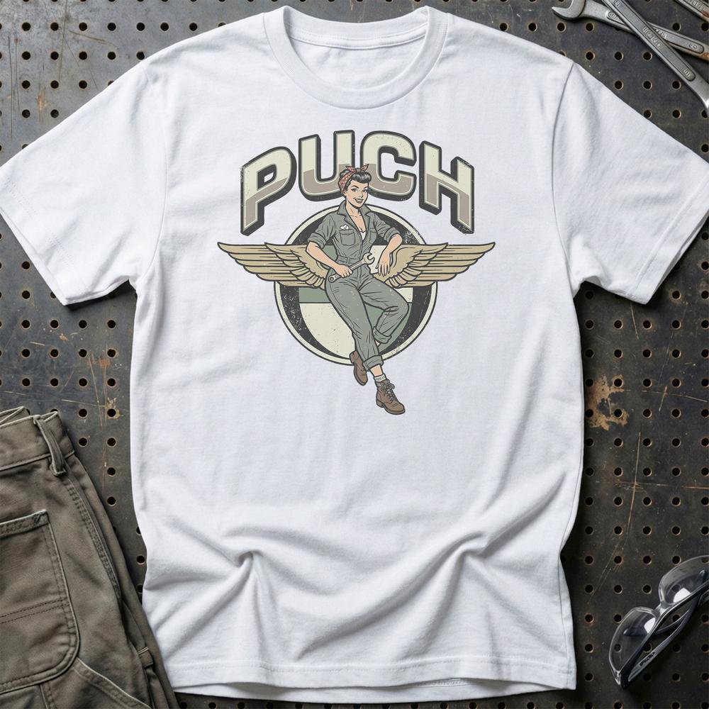 Puch Pinup - Unisex T-Shirt , Bomuld-Beklædning-Puch-Hvid-S-Garage Culture Shop- garage - man cave - merchandise