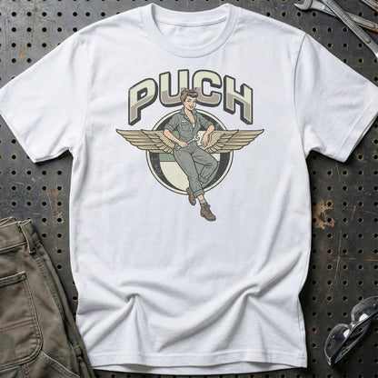 Puch Pinup - Unisex T-Shirt , Bomuld-Beklædning-Puch-Hvid-S-Garage Culture Shop- garage - man cave - merchandise